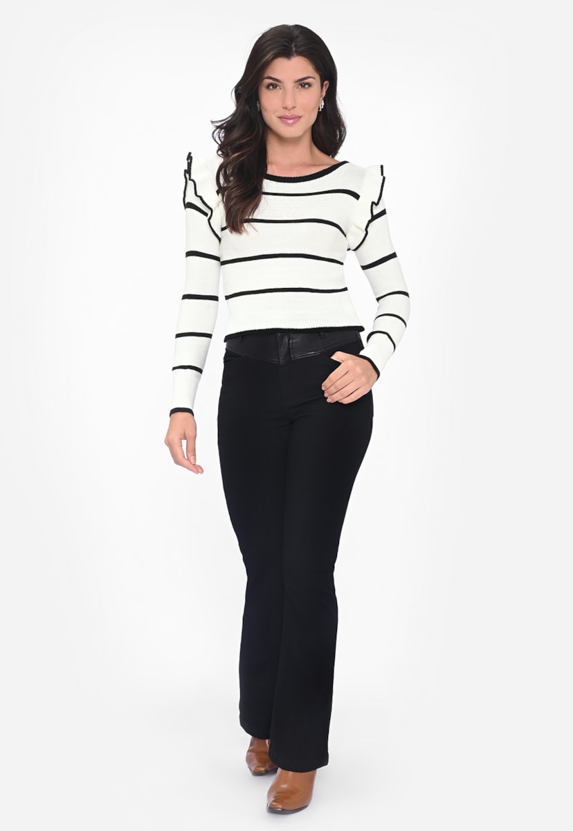 Blusa Listrada Feminina Manga Longa Babado de Tricot Modal Branca
