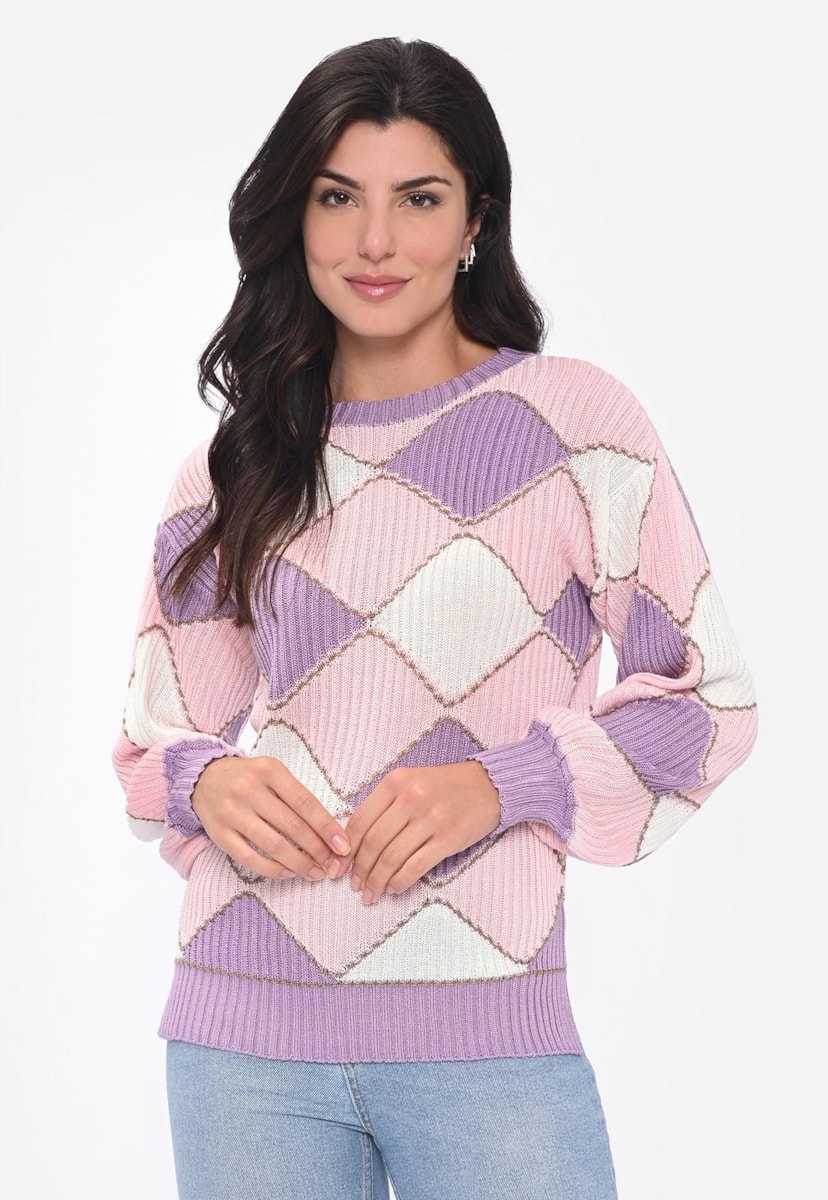 Blusa Manga Bishop de Tricot Oversized Geométrica Feminina Lilás
