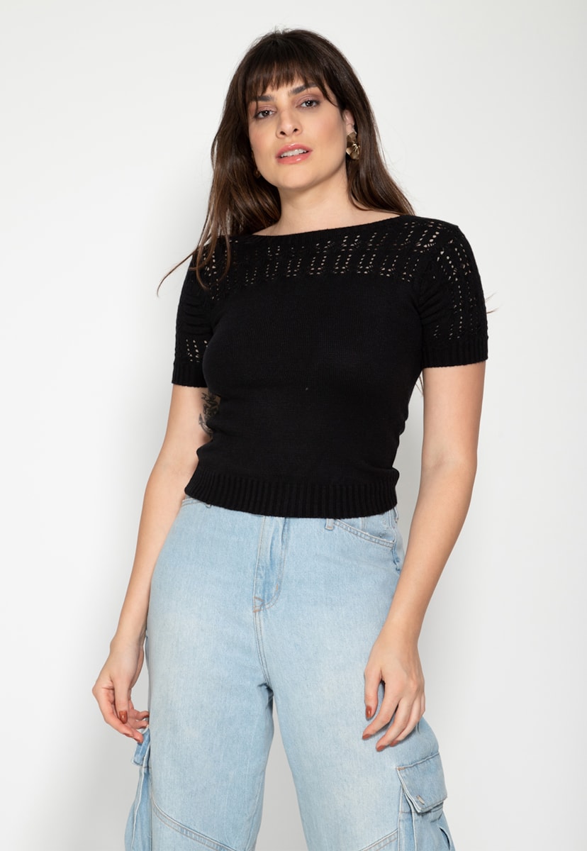 Blusa Manga Curta Casual de Tricô Modal Pink Tricot Feminina Preto