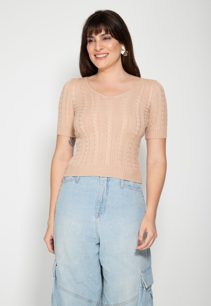 Blusa Manga Curta de Tricô Decote v Pink Tricot Feminina Nude