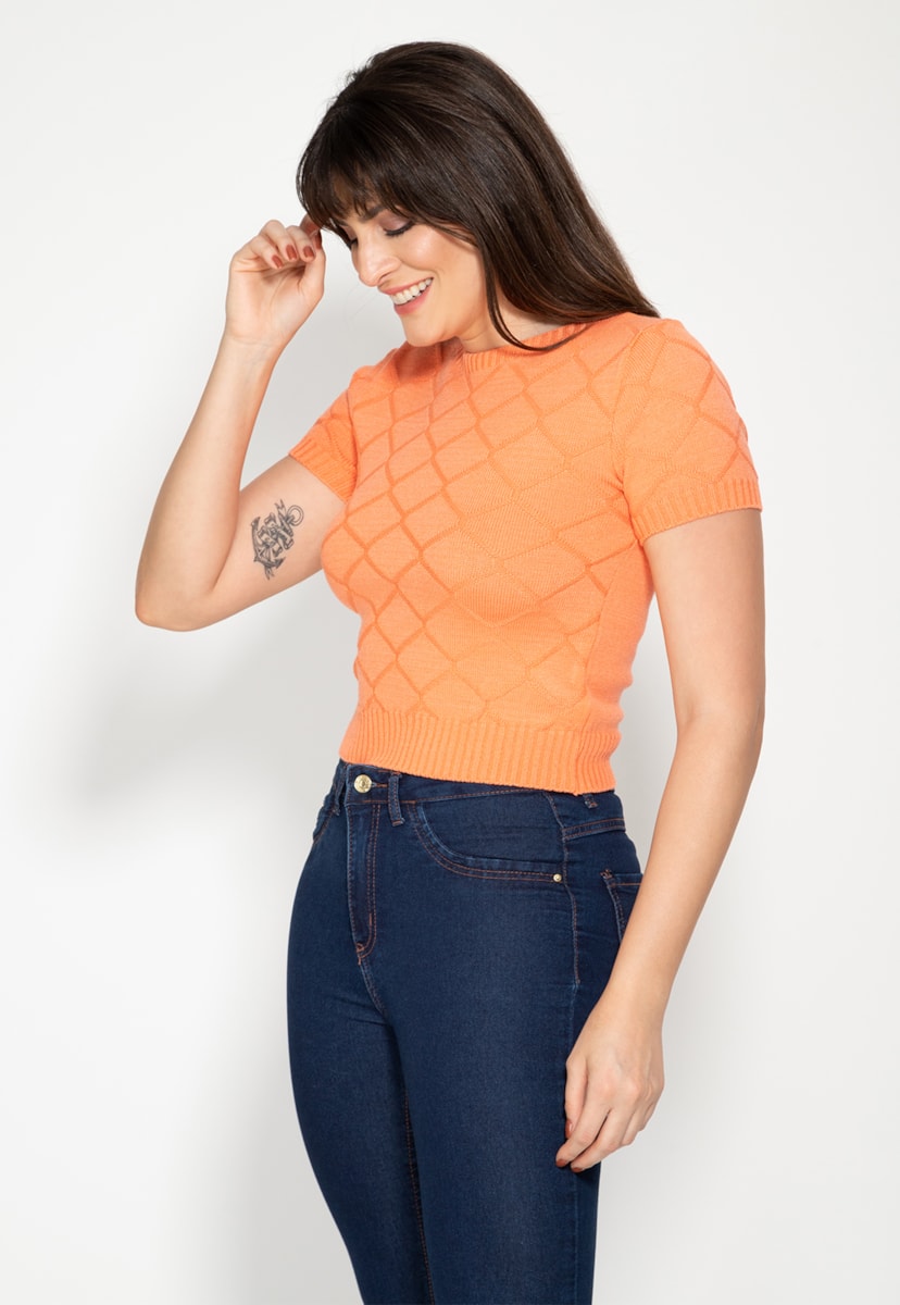 Blusa Manga Curta de Tricô Losangos Pink Tricot Feminina Laranja