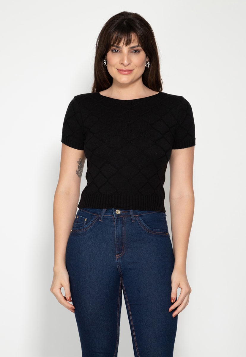 Blusa Manga Curta Tricô Modal Fashion Pink Tricot Feminina Preto