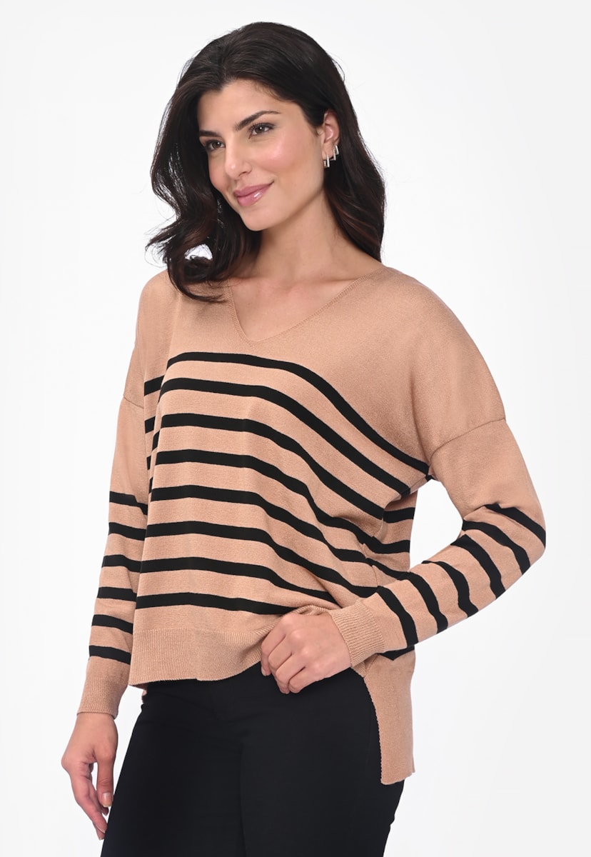 Blusa Manga Longa de Tricot Decote V Listrada Feminina Caramelo
