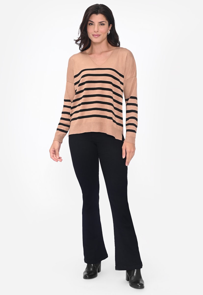 Blusa Manga Longa de Tricot Decote V Listrada Feminina Caramelo