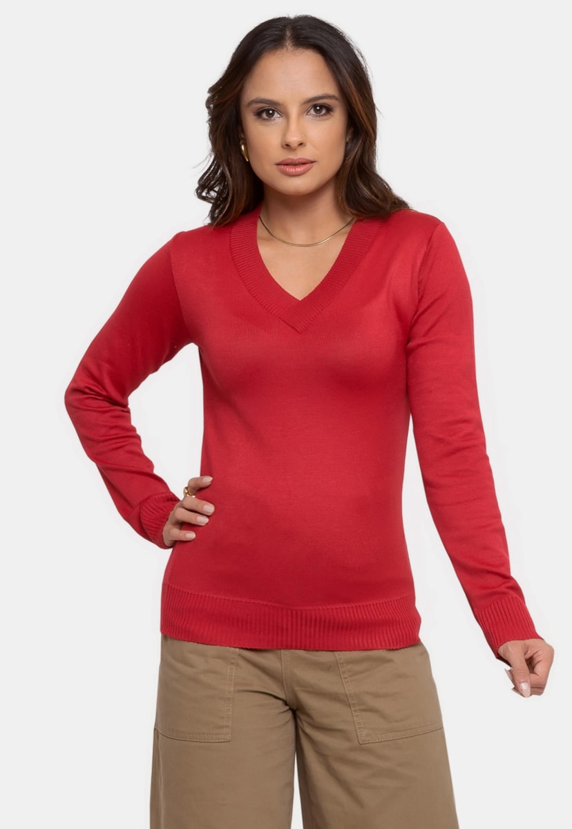 Blusa Manga Longa Pink Tricot de Tricô Básica Feminino Vermelho
