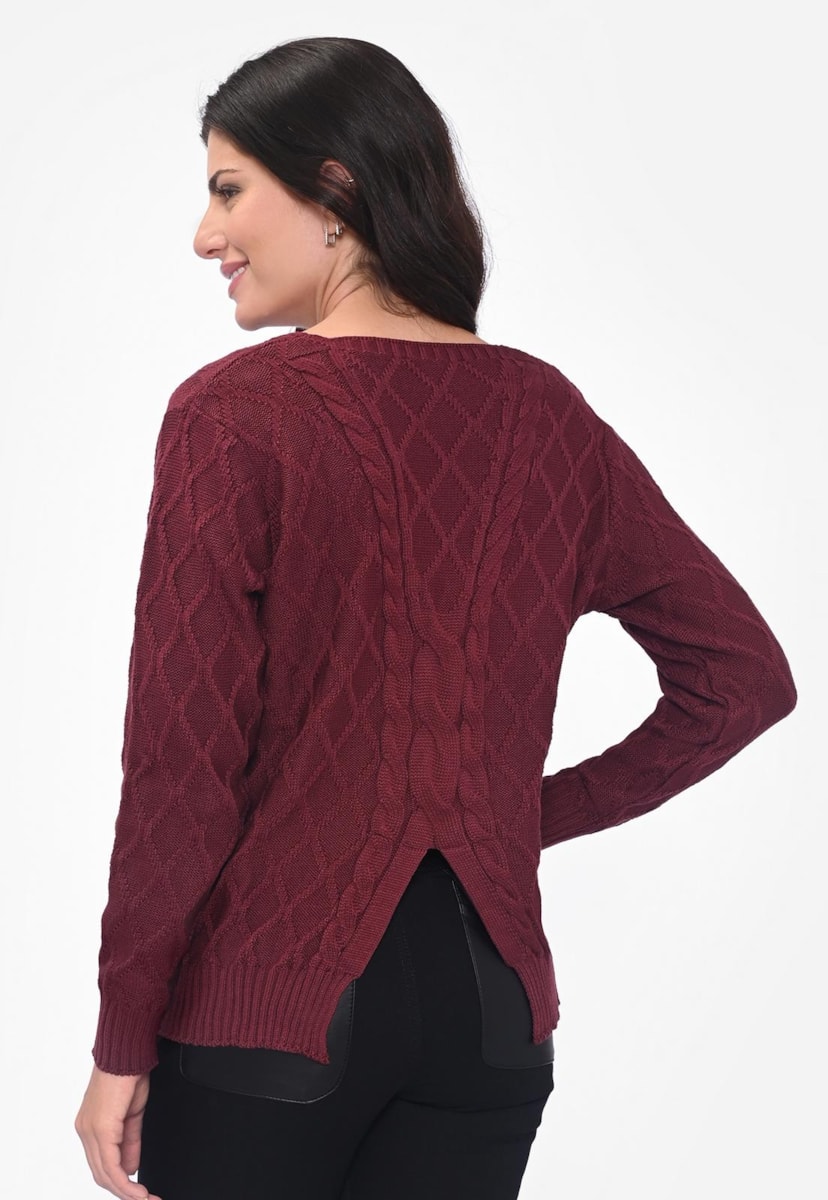 Blusa Manga Longa Trançada Decote nas Costas Tricot Feminino Bordô