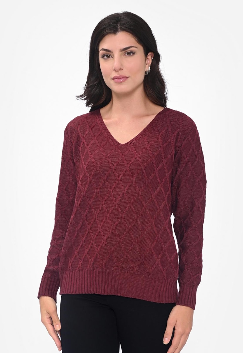 Blusa Manga Longa Trançada Decote nas Costas Tricot Feminino Bordô