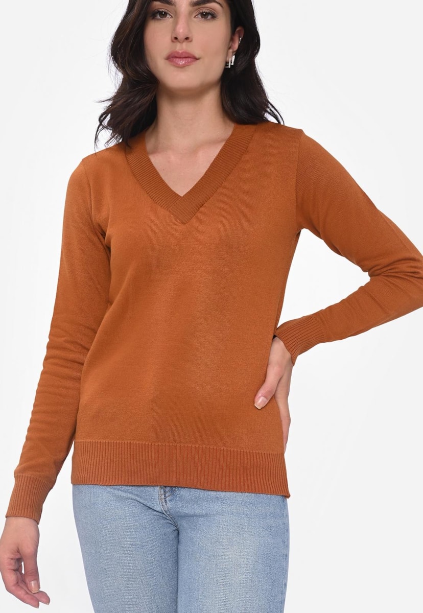 Blusa Manga Longa Tricot Modal Decote V Básica Feminina Ferrugem