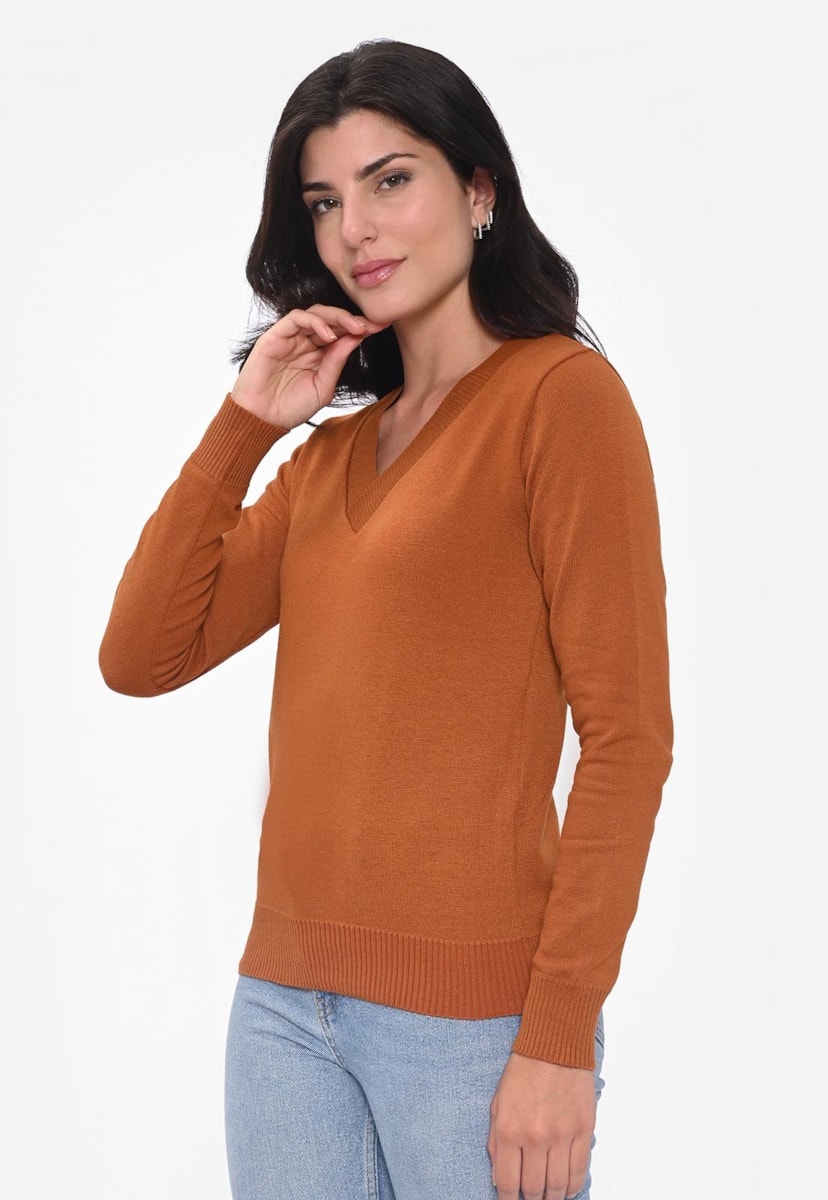 Blusa Manga Longa Tricot Modal Decote V Básica Feminina Ferrugem