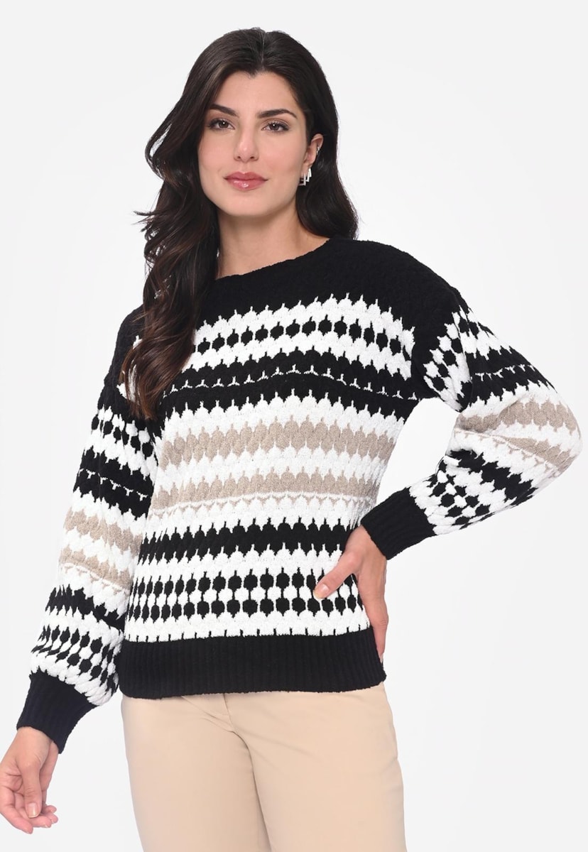 Blusa Manga Longa Tricot Mousse Estampada 3 Cores Feminina Preto