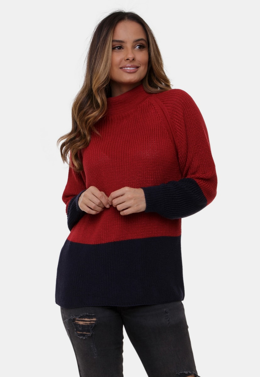 Blusa Manu Pink Tricot de Tricô Fang Bicolor Gola Redonda Feminina Vermelho/Azul Marinho
