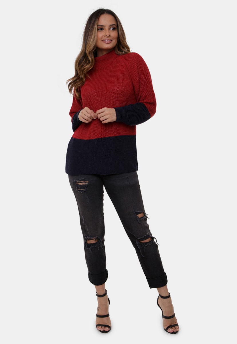 Blusa Manu Pink Tricot de Tricô Fang Bicolor Gola Redonda Feminina Vermelho/Azul Marinho
