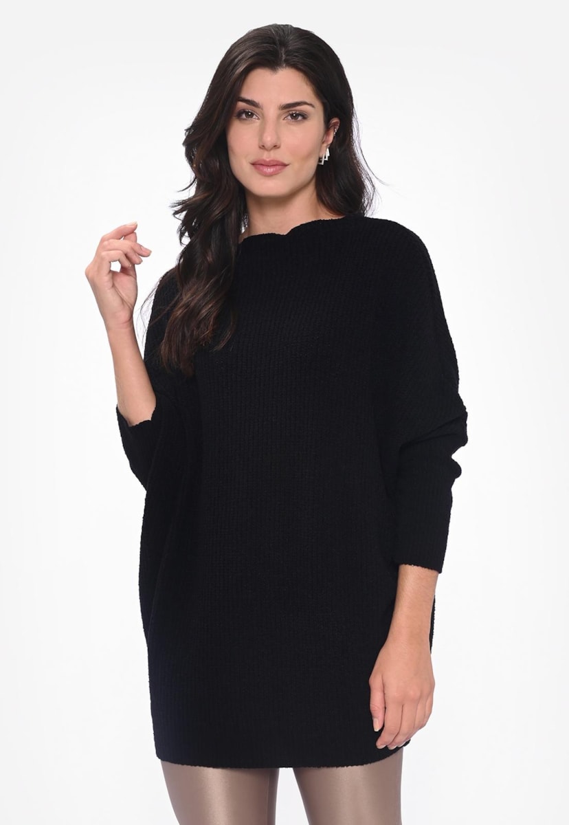 Blusa Maxi Pull de Tricot Mousse Feminina Manga Morcego Preto