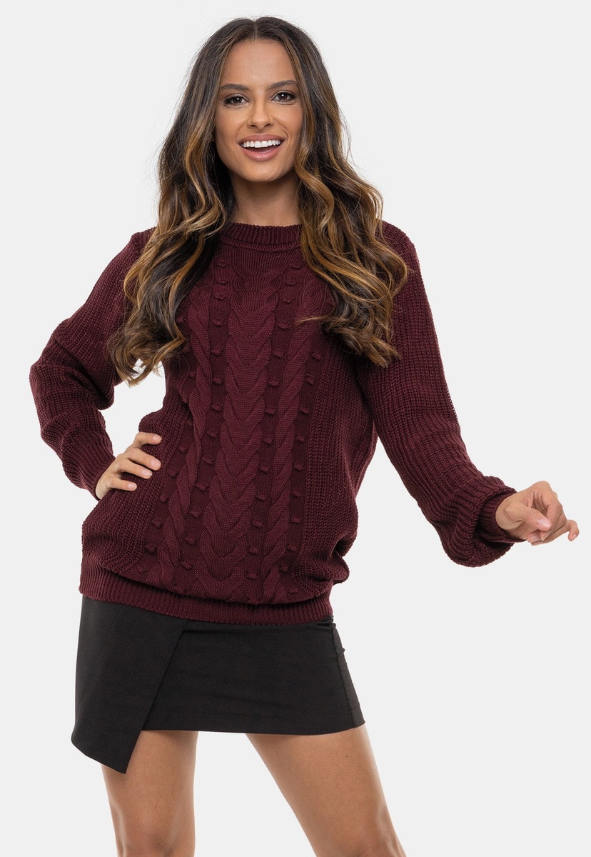 Blusa Pink Tricot Ayda de Tricô Bolhas com Alto Relevo e Tranças Feminina Bordô