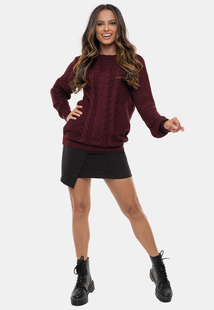 Blusa Pink Tricot Ayda de Tricô Bolhas com Alto Relevo e Tranças Feminina Bordô