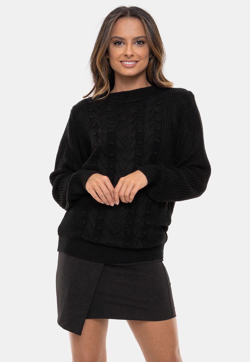 Blusa Pink Tricot Ayda Gola Careca de Tricô em Tranças e Bolhas com Alto Relevo Feminina Preto