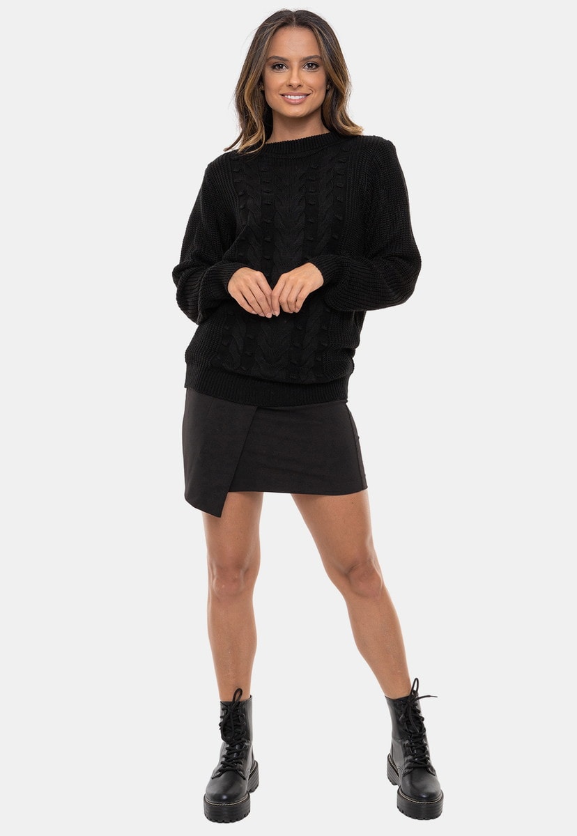 Blusa Pink Tricot Ayda Gola Careca de Tricô em Tranças e Bolhas com Alto Relevo Feminina Preto
