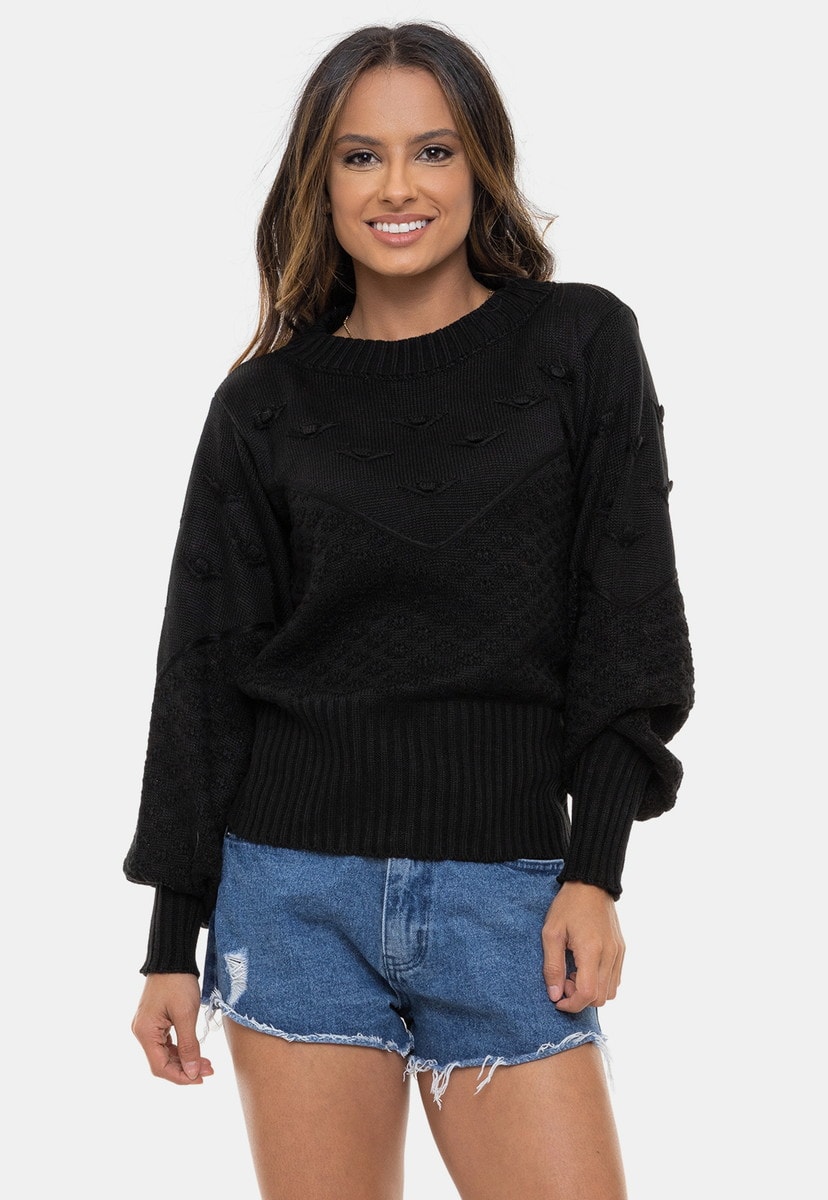 Blusa Pink Tricot Bolinhas e Manga Bufante de Tricô Julia Feminina Preto