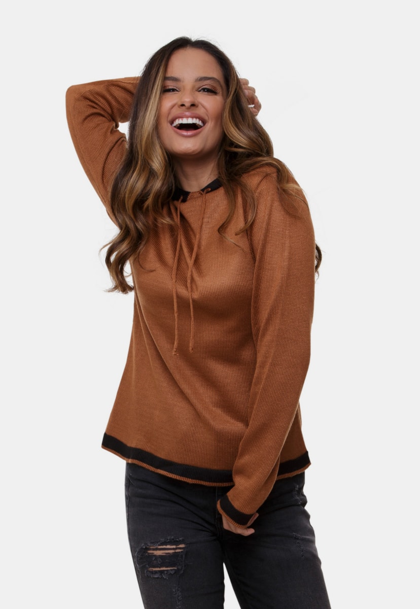 Blusa Pink Tricot Camila de Tricô Com Capuz Bicolor Feminina Ferrugem/Preto