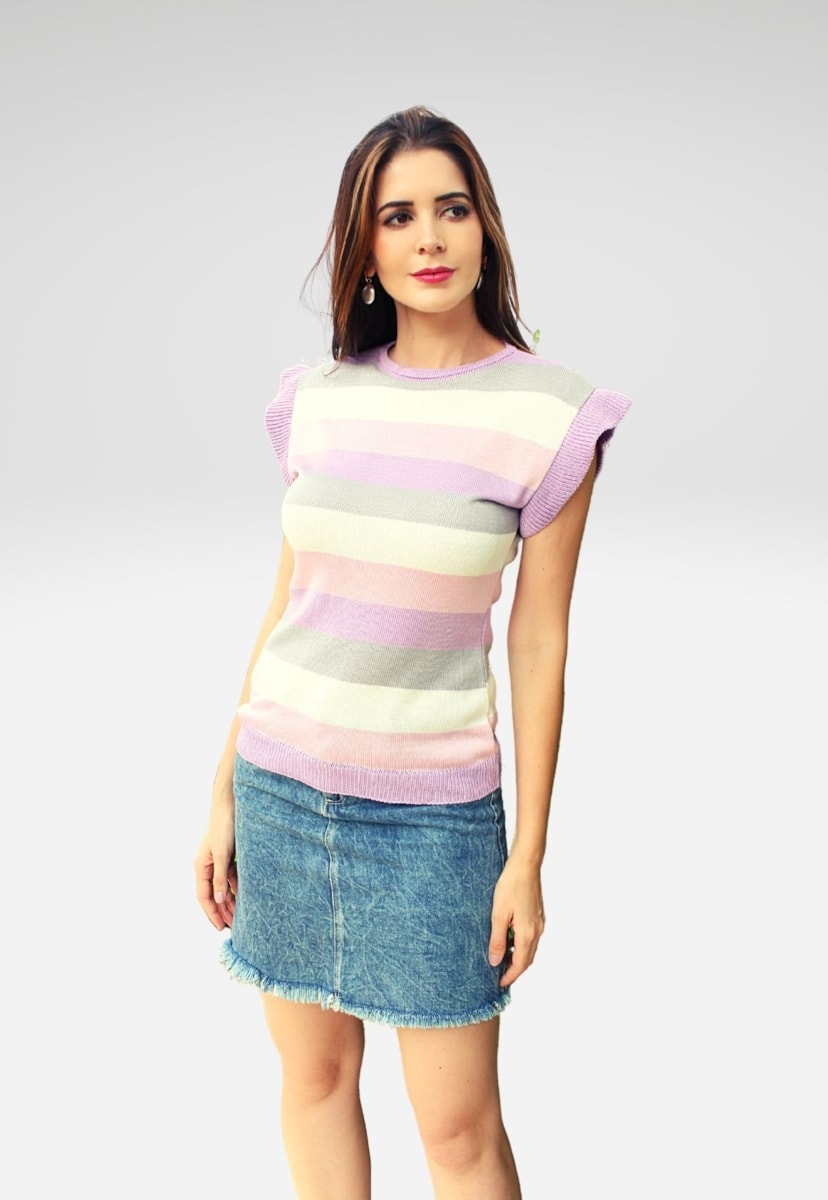 Blusa Pink Tricot Com Babado na Manga De Tricô Listrada Lilás