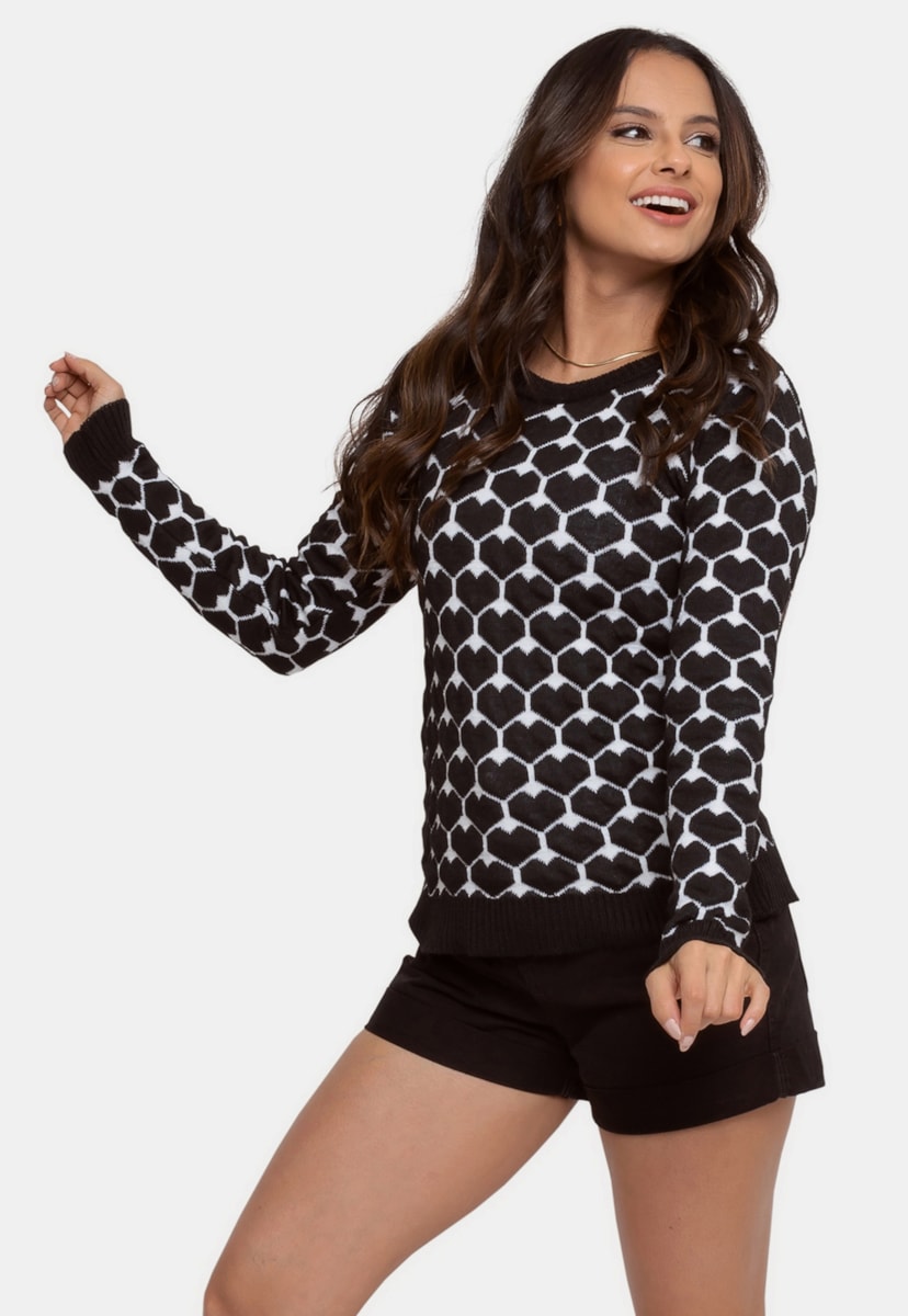 Blusa Pink Tricot Com Estampa Coração 3d de Tricô Feminina Preto