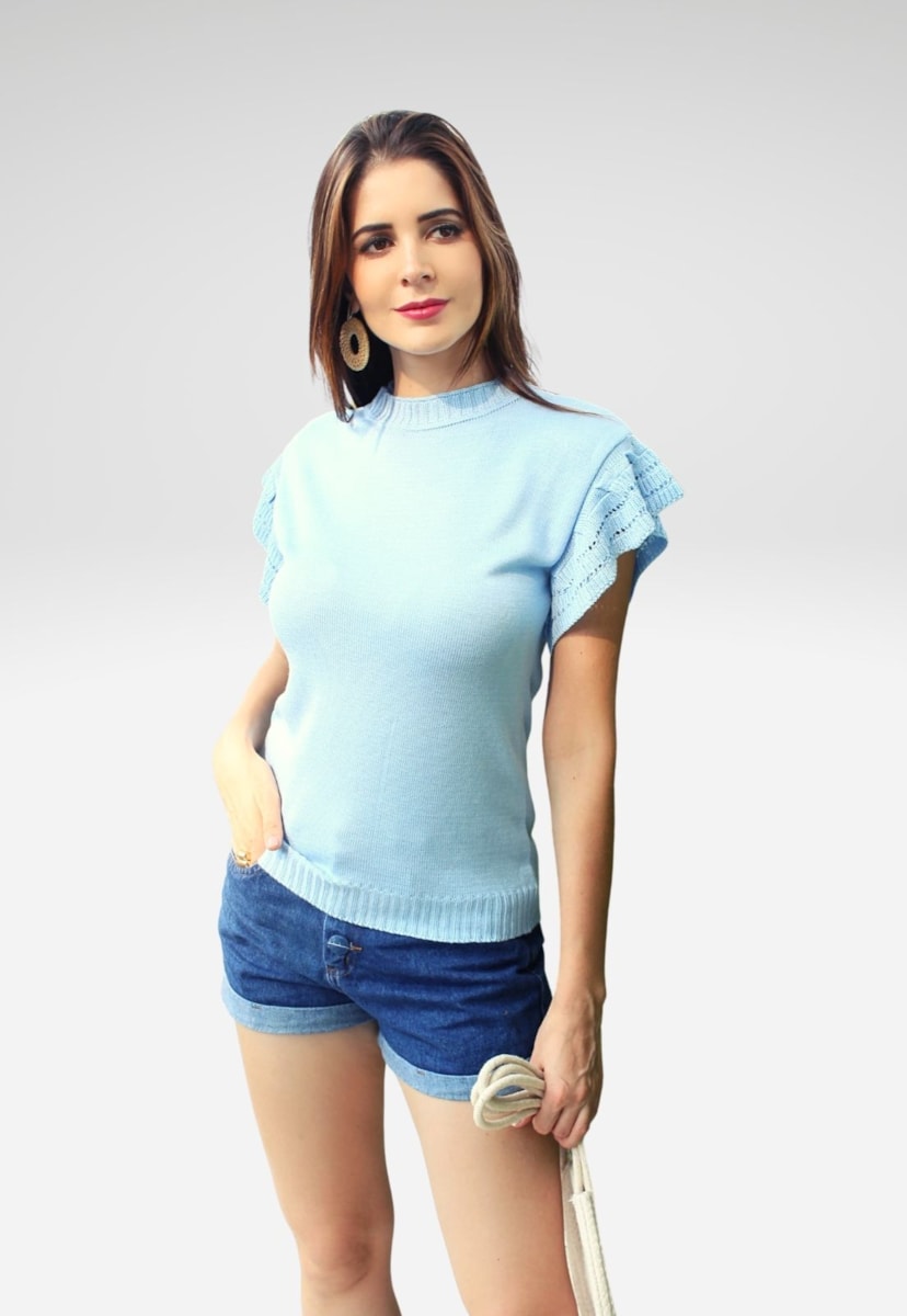 Blusa Pink Tricot Com Manga Curta de Tricô Com Babado Azul Claro