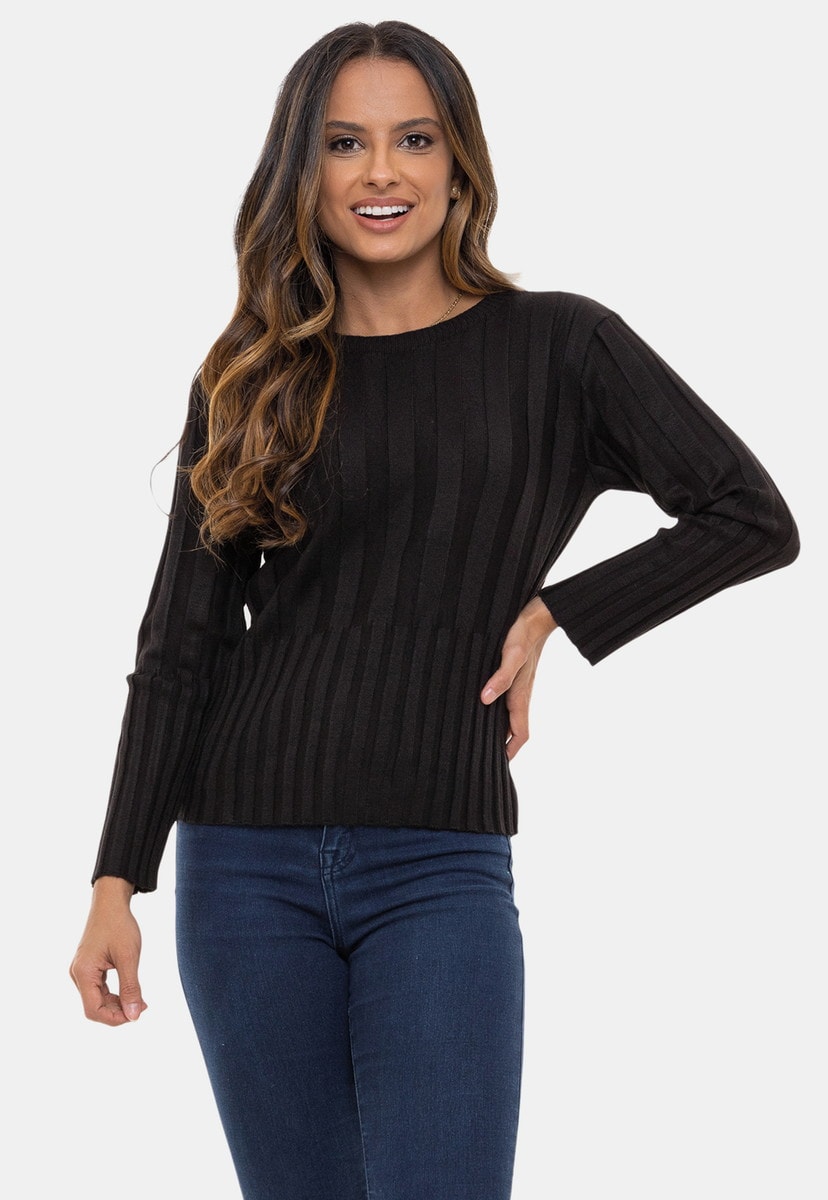 Blusa Pink Tricot de Tricô Canelado e Manga Longa Thalita Feminina Preto