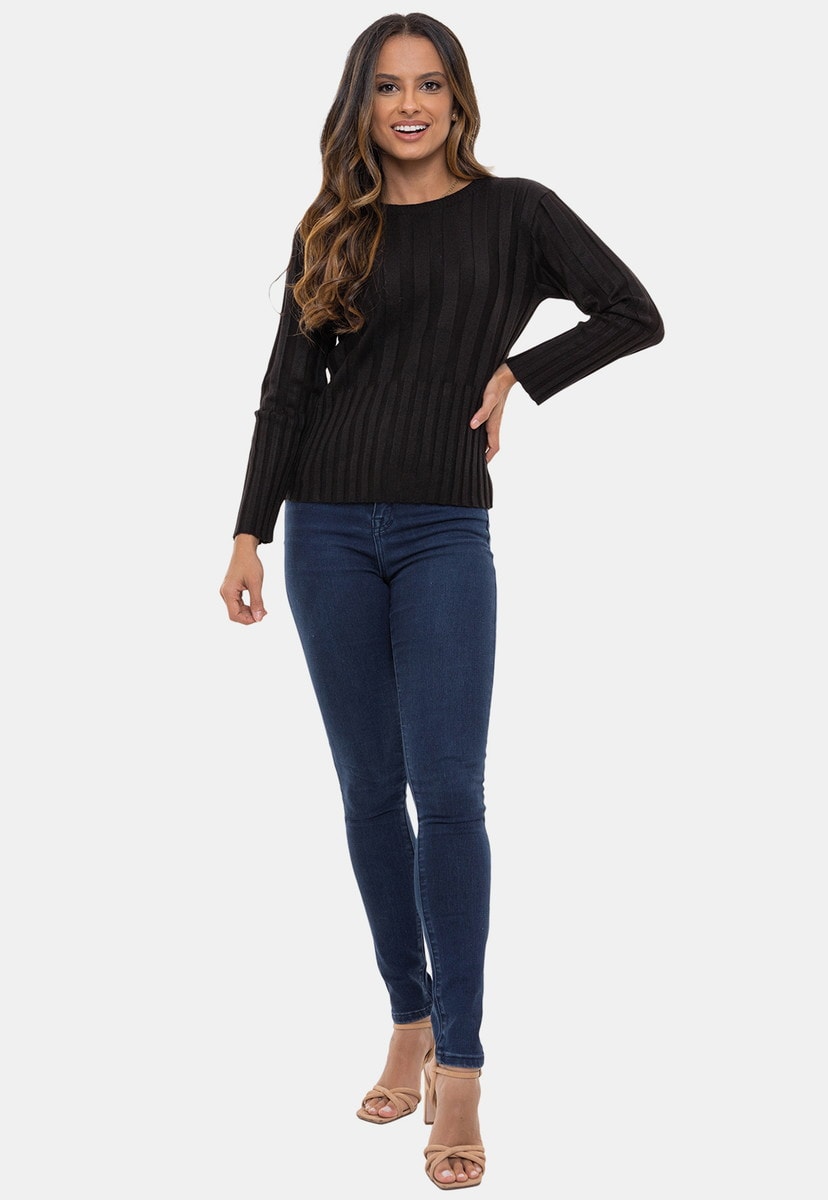 Blusa Pink Tricot de Tricô Canelado e Manga Longa Thalita Feminina Preto