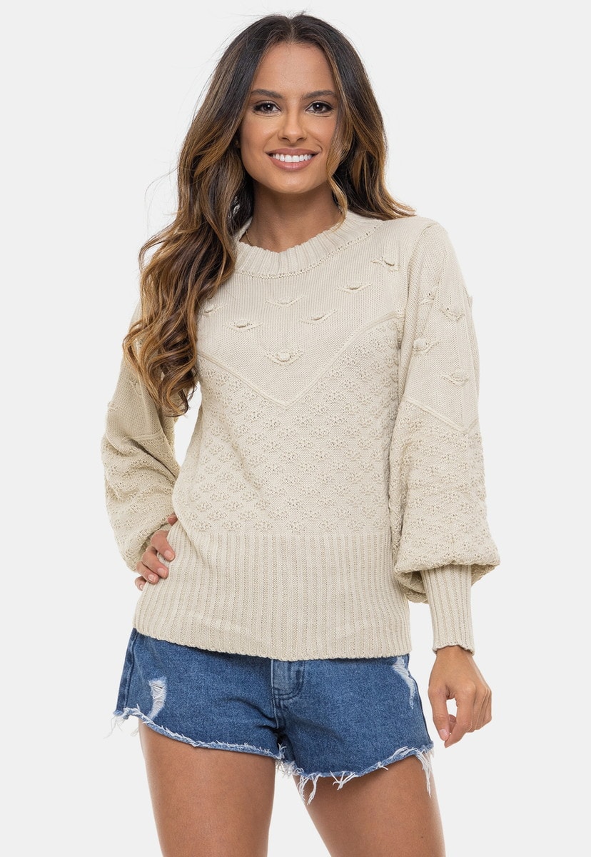 Blusa Pink Tricot de Tricô com Bolinhas e Manga Bufante Julia Feminina Bege