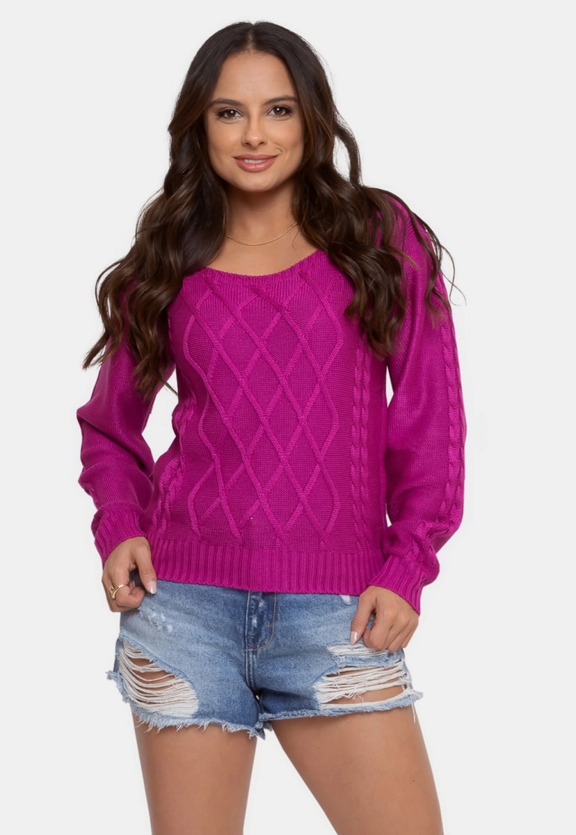 Blusa Pink Tricot de Tricô Trançado Manga Longa Feminina Magenta