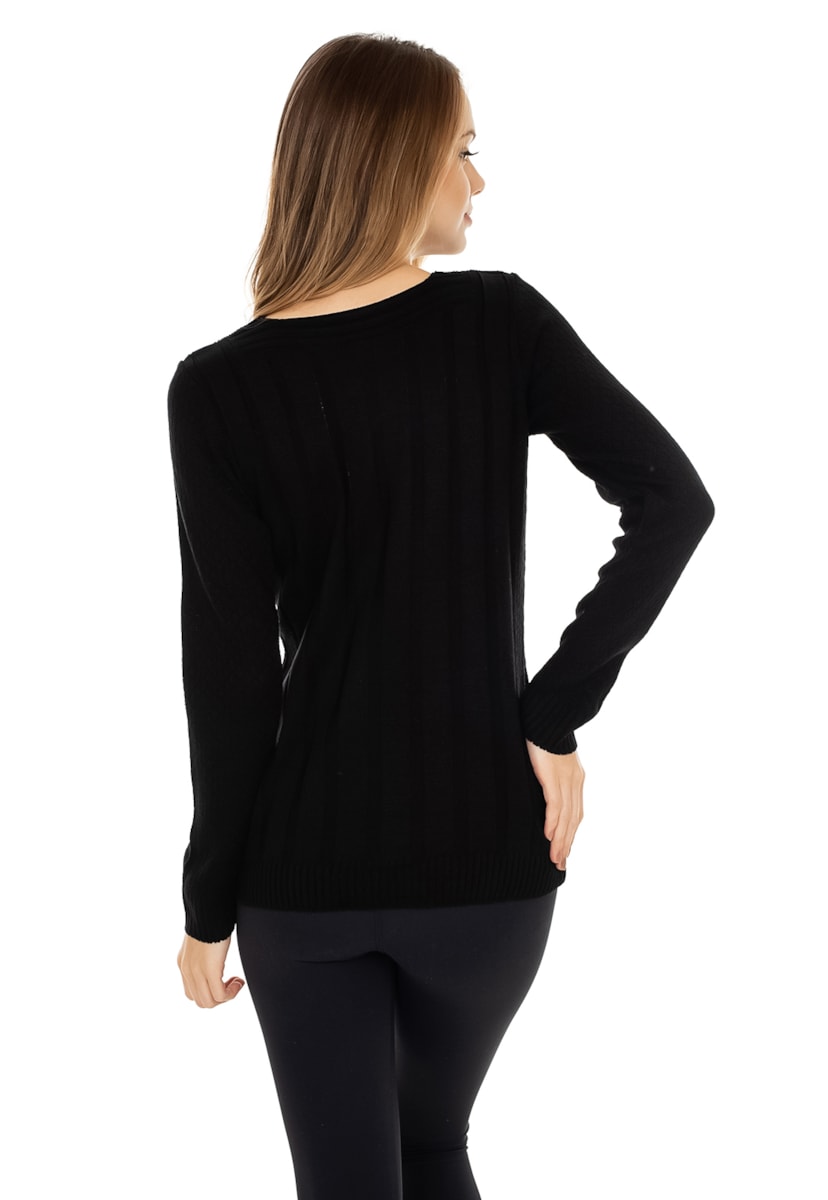 Blusa Pink Tricot Decote V Manga Longa de Tricô Feminina Preta