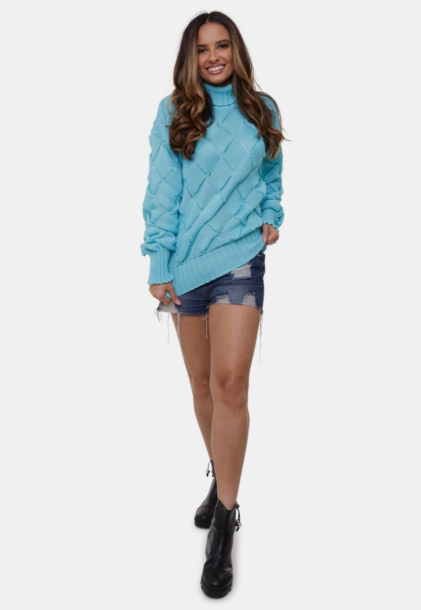 Blusa Pink Tricot Gabi Losangos De Tricô e Gola Alta Peça Pronta Feminina Verde Claro