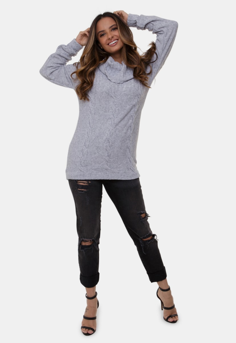 Blusa Pink Tricot Isabella de Tricô Mousse Com Trança e Gola Boba Feminina Cinza