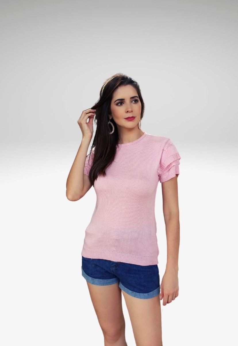 Blusa Pink tricot Manga Curta de Tricô com Babado e Decote Redondo Lisa Rosa