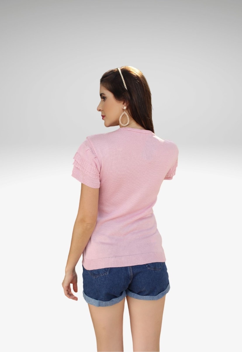 Blusa Pink tricot Manga Curta de Tricô com Babado e Decote Redondo Lisa Rosa