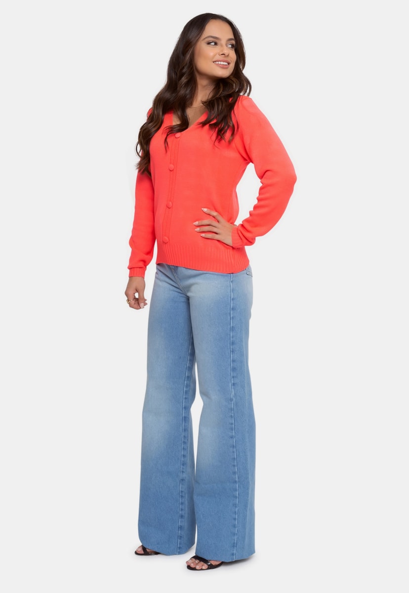 Blusa Pink Tricot Manga Longa de Tricô e Botões Feminina Salmão