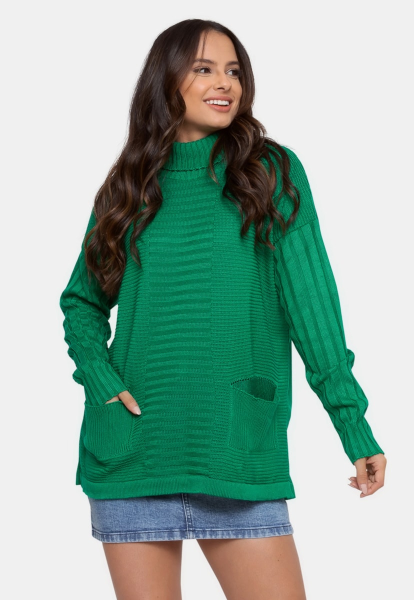 Blusa Pink Tricot Manga Longa de Tricô Gola Alta Feminino Verde