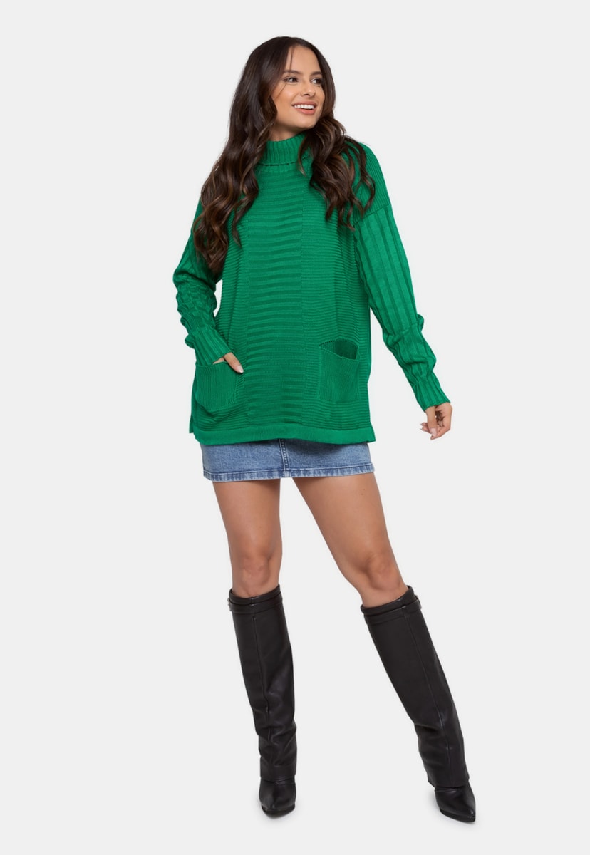 Blusa Pink Tricot Manga Longa de Tricô Gola Alta Feminino Verde
