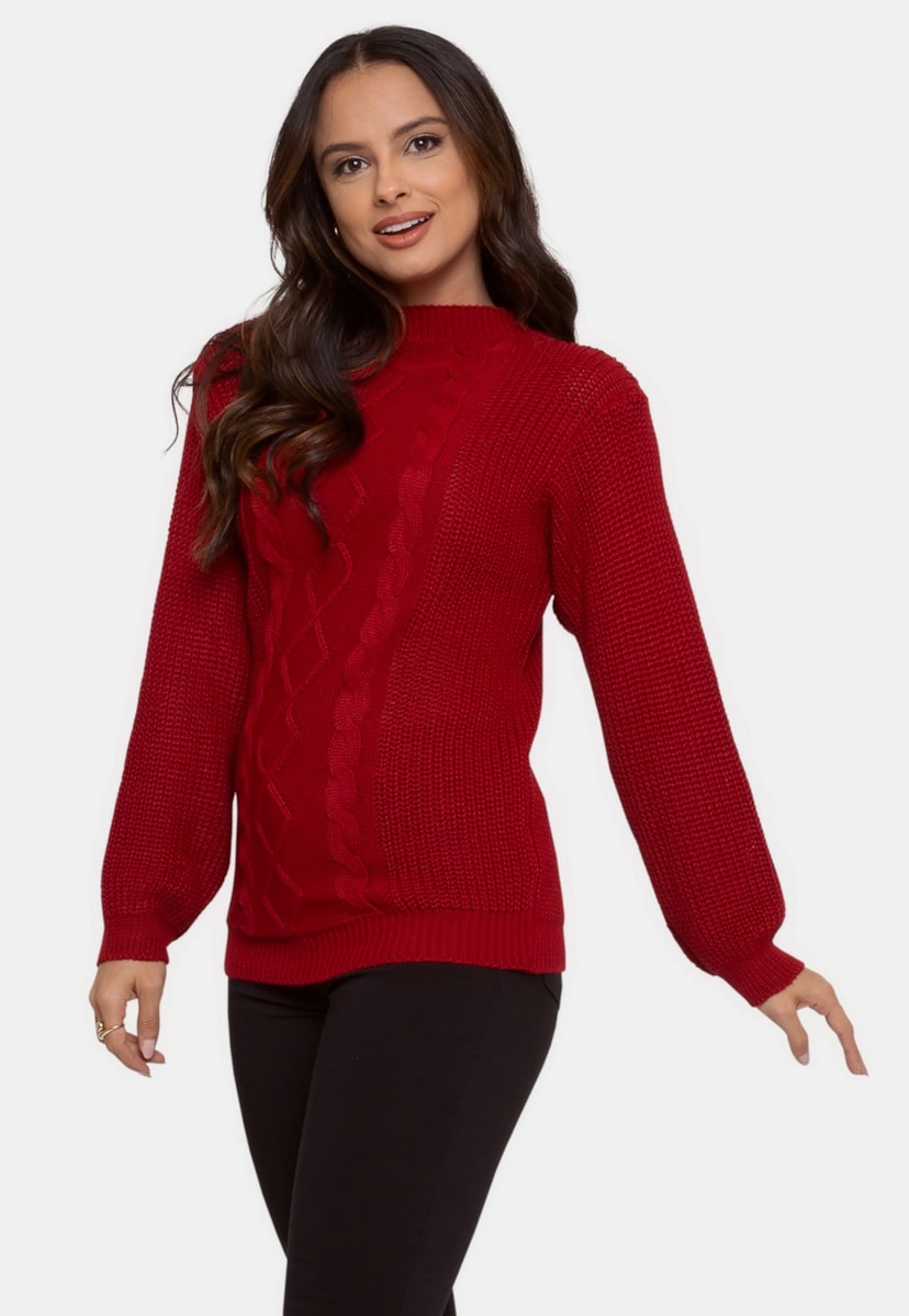 Blusa Pink Tricot Manga Longa de Tricô Trançado Feminina Vermelho