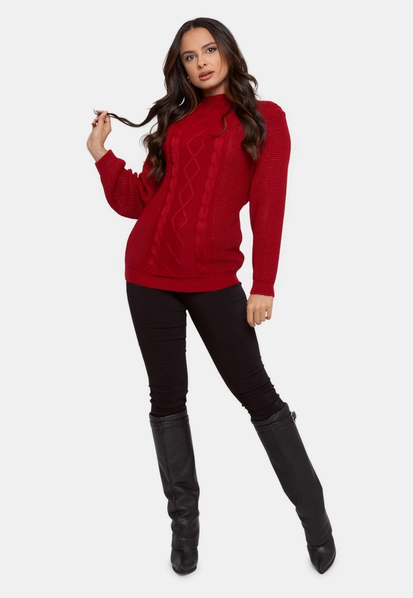 Blusa Pink Tricot Manga Longa de Tricô Trançado Feminina Vermelho