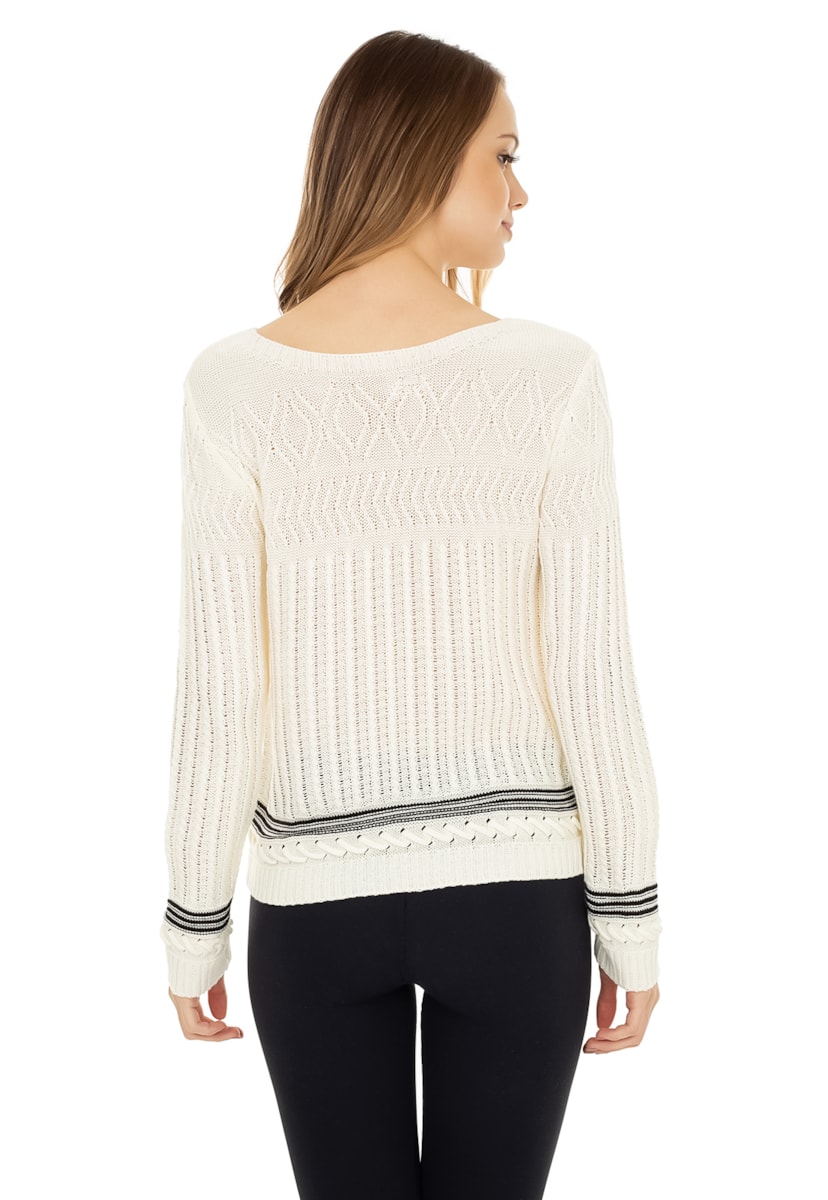 Blusa Pink Tricot Manga Longa Rendada e Listrada Feminina