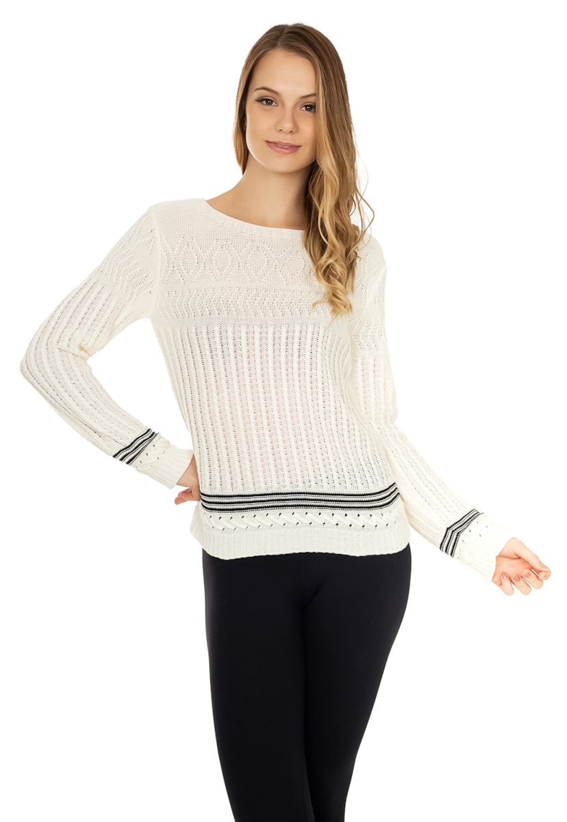 Blusa Pink Tricot Manga Longa Rendada e Listrada Feminina