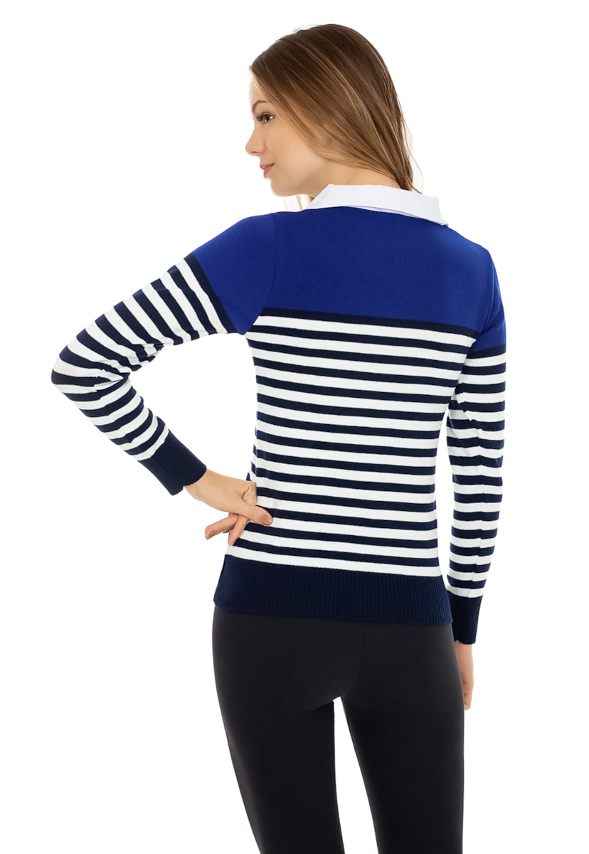 Blusa Pink Tricot Manga Longa Suéter Polo Listrado Feminino Azul