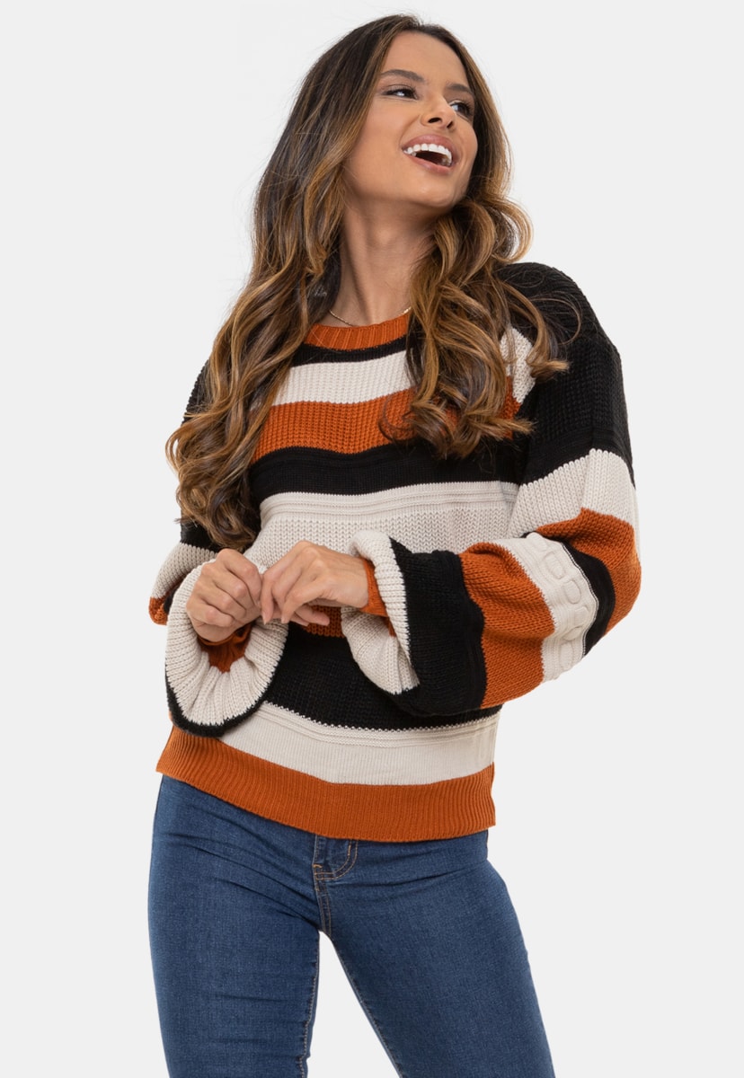 Blusa Pink Tricot Rachel de Tricô Fang Com Listras Manga Bufante Feminina Ferrugem/Preto