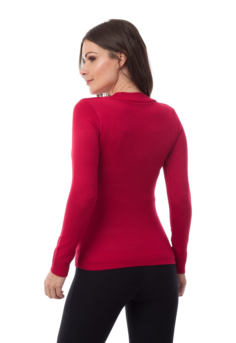 Blusa Pink Tricot(Tricô) Básica Manga Longa Feminino Vermelho