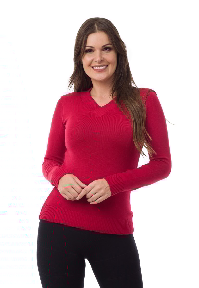 Blusa Pink Tricot(Tricô) Básica Manga Longa Feminino Vermelho