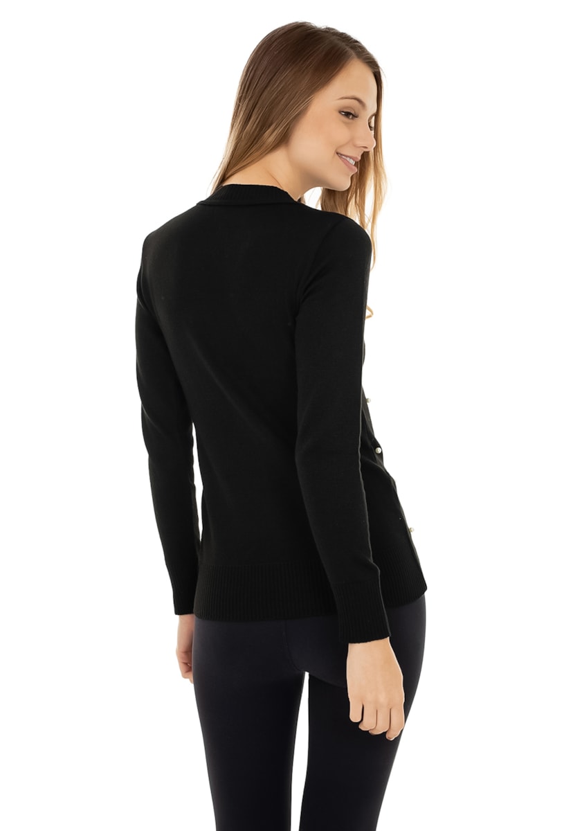 Blusa Pink Tricot(Tricô) Feminina Manga Longa Modal com Pérolas Preto