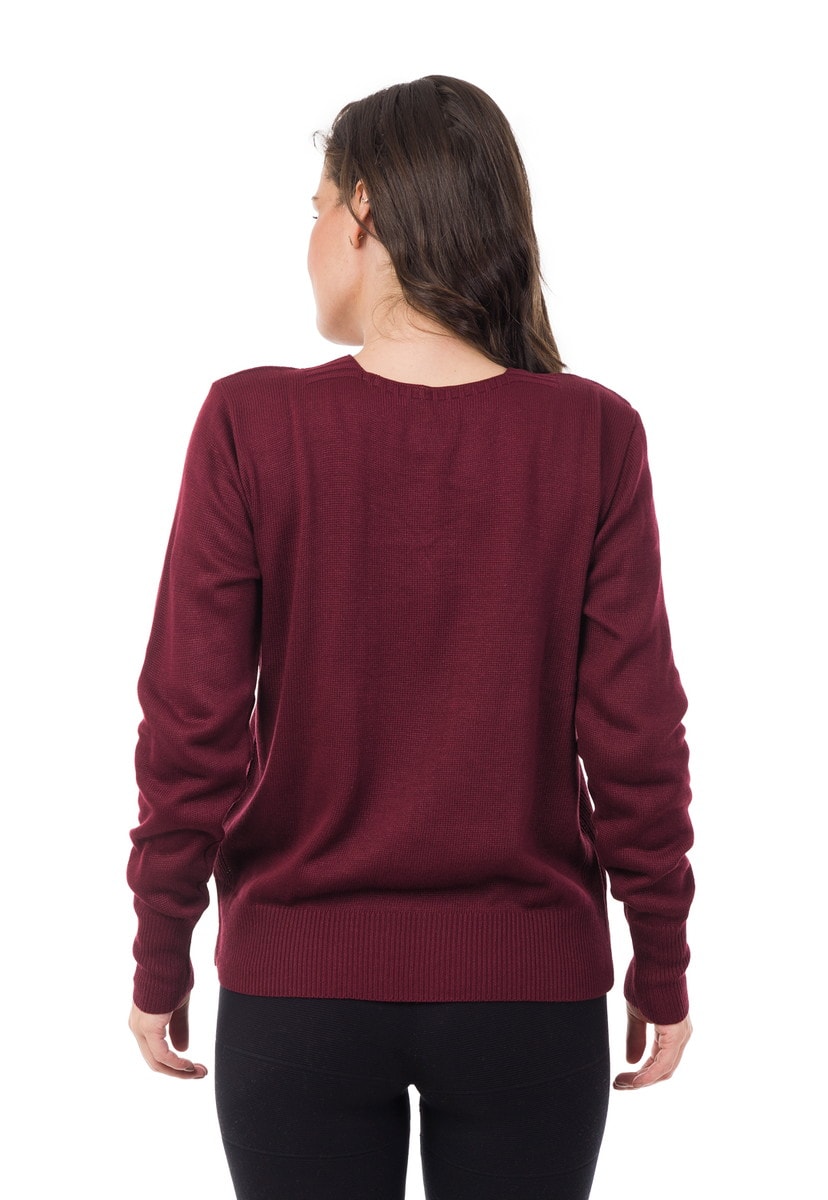 Blusa Pink Tricot(Tricô) Manga Longa Decote em V com Ilhós Feminino Bordô