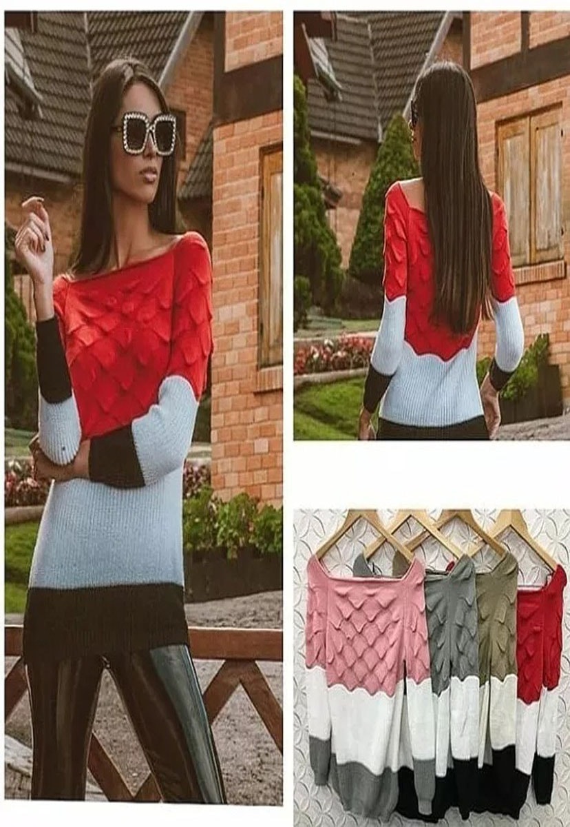 Blusa Pink Tricot(Tricô) Manga Longa Estampa 3d Decote Canoa Feminina Vermelho