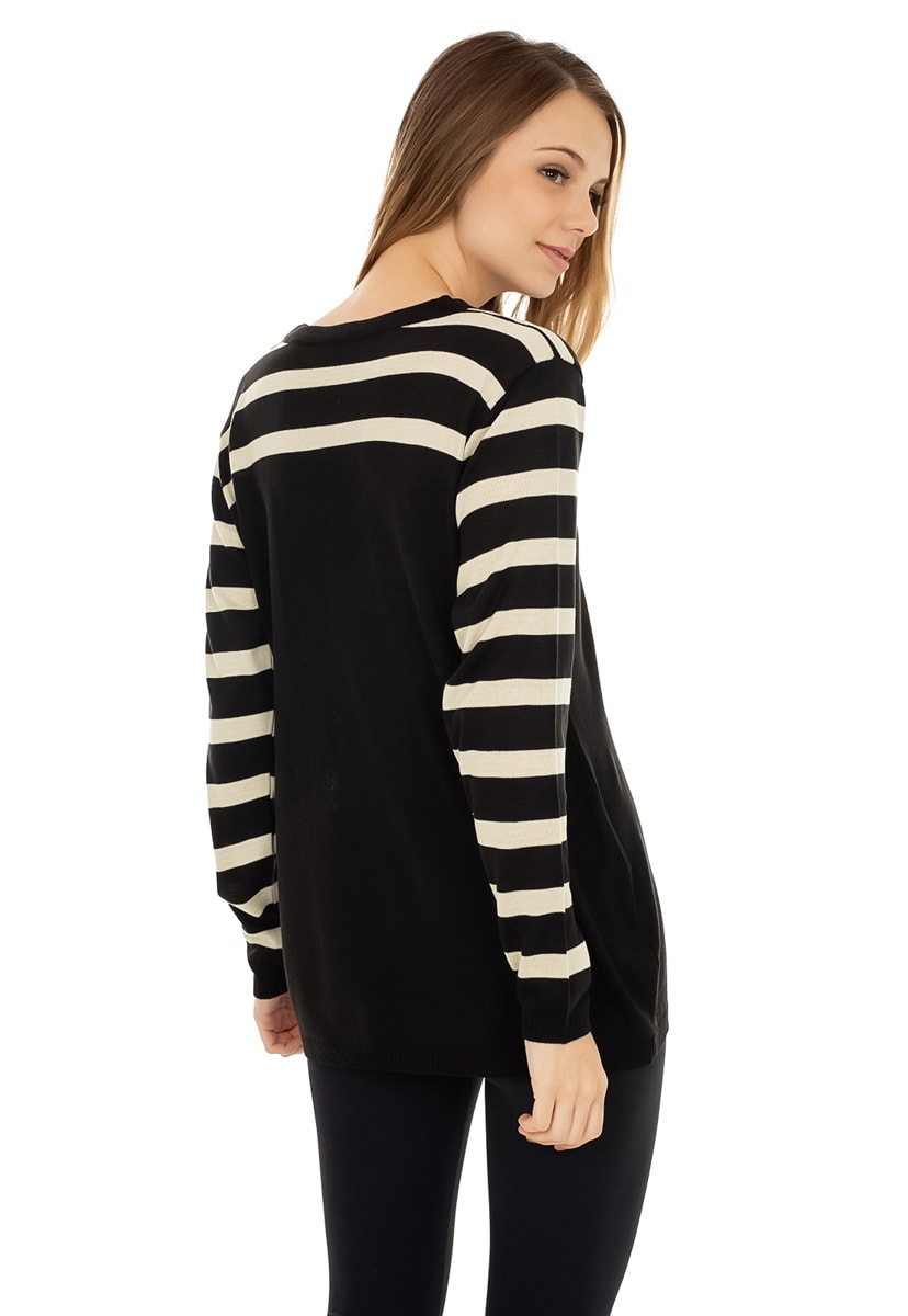 Blusa Pink Tricot(Tricô) Manga Longa Estampa Listrada Decote Trançado Feminino Preto